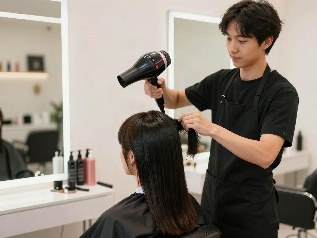 Haartrockner mit Ionen in einem modernen Friseursalon während der Anwendung.